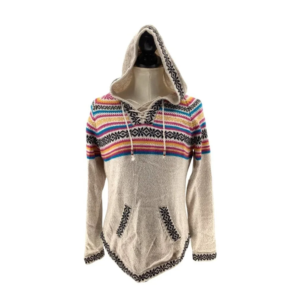 Kiss My Alpaca Multicolor Knit Hoodie Pullover Sweater Lace-Up Neck Women Size M - Picture 1 of 8